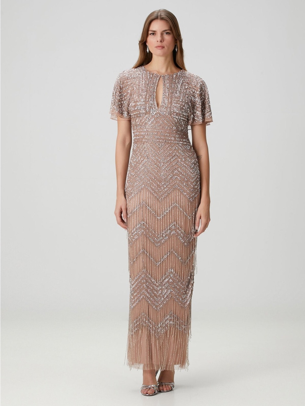 NWT Aidan Mattox Taupe Beaded Fringe Maxi Dress